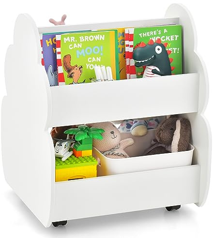 DREAMADE Kinder Bücherregal Kinderregal mit 3 offener Ablage, Spielzeug-Organizer, Spielzeugkiste mit Räder für Bücher und Spielzeug, für Kinderzimmer & Kindergarten 52x47x63 cm (Weiß)