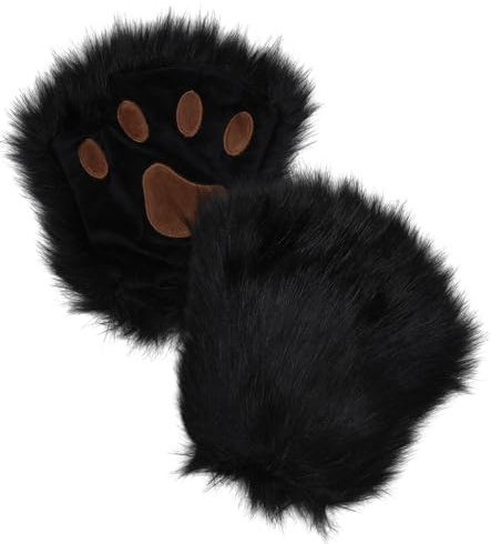 Focupaja Guantes de Gato Lindo Oso Lobo Patas Peluche Faux Animal Cosplay Guantes sin Dedos Guantes de Invierno Cálido Talla única Negro