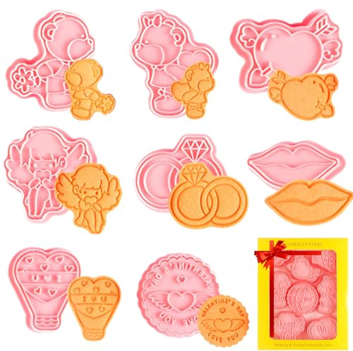 PTaizjjz Valentine's Day Cookie Cutter Set,8 PCS Plastic Wedding Cookie Cutters,Pressable Embossing Cutters Tools for Valentine DIY Baking Supplies
