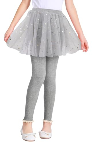 EASTBUDDY Girls Tutu Leggings with Skirt Attached, Sparkly Tulle Skirt Pants for Toddler Kids 4-5 Years Grey