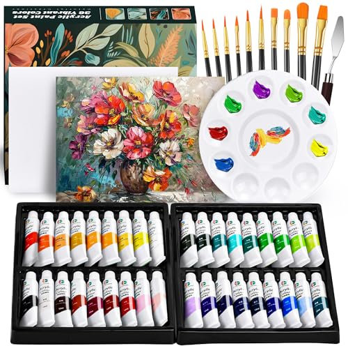 DazSpirit Set di Pittura Acrilica da 36 Colori | Colori Acrilici per Dipingere, Inclusi Pennelli, Palette e Tele, Colori Acrilici Ideale per Tela, Legno, Tessuto | per Principianti, Adulti e Bambini