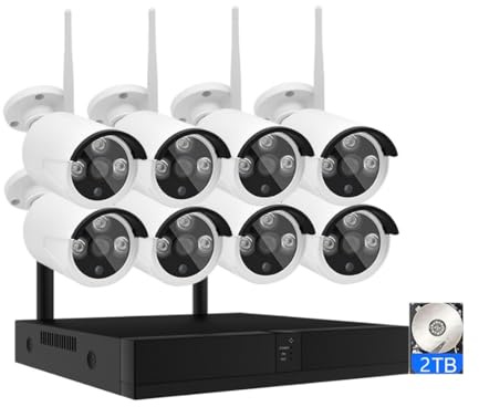 Sistema de cámara de seguridad inalámbrica WiFi HD de 8 canales de 6 MP con disco duro de 2 TB, kit NVR de cámara de vigilancia para el hogar H.265+ para exteriores con audio, visión nocturna,