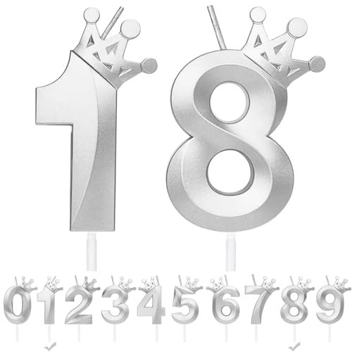Geburtstagskerzen Zahlen 18,Silber Geburtstag Kerzen mit Krone,3D Tortendeko,Geburtstagskerze Kuchendeko für Geburtstag Party,Jubiläum,Hochzeitstag (Silber, 18)