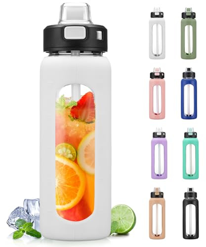 BLUEGO 700ml Bottiglia d'acqua in vetro con manico e cannuccia con manicotto in silicone per sport da palestra all'aperto Bottiglia d'acqua motivazionale a prova di perdite, Bianco