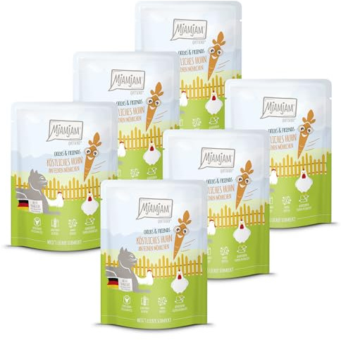 MjAMjAM - Premium Nourriture Humide pour Chats - Quetschie - Chicks & Friends délicieux Poulet aux Carottes Fines, Paquet de 6 (6 x 300g), sans céréales