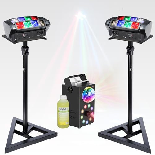 Ibiza - Pack 2 Jeux Lumière Spyder RGBW Ibiza Light LED8-MINI - 2 pieds Supports SST02 - Machine Fumée 700W LEDS RGB - Dj Soirée Fête