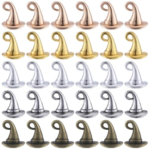 SUNNYCLUE 1 Box 60 Stück 5 Farben Zaubererhut Anhänger 3D Hut Anhänger Großpackung Tibetisches Antik Silber Bronze Gold Magischer Halloween Weihnachtsanhänger Zur Schmuckherstellung Anhänger DIY Handw