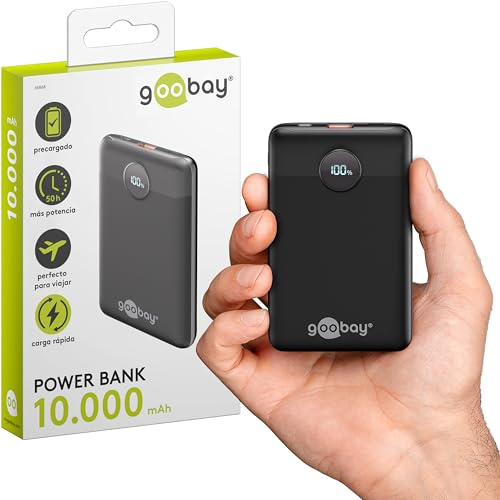 goobay Powerbank kompakt 10.000 mAh, externes Ladegerät, Power Bank geeignet für Smartphone, Kopfhörer, Tablet, Zwei Geräte gleichzeitig Laden/inkl. Ladekabel, Schwarz, 65868