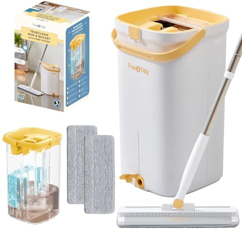 Juego de fregona y Cubo con Sistema de Bomba para el hogar, autolimpieza Manos Libres con 3 Compartimentos para Separar la Limpieza del Agua Sucia, con 2 Almohadillas de Microfibra Lavables a máquina