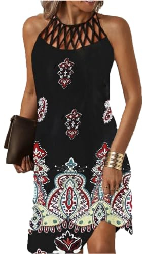 GRMLRPT Klänning för dam sommar ärmlös bohemisk sommar kort klänning etnisk stil elegant retrotryck klänningar grimma krage fritid klänning dam strandklänningar dam (flerfärgad-1, S-XXL), Svart-2, S