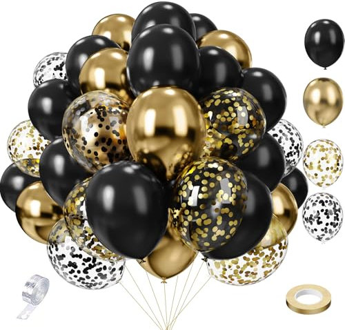 Palloncini per compleanno, colore nero, oro, 65 pezzi, 12 pollici, 5 pollici, in lattice, con coriandoli dorati, palloncini metallizzati con ghirlanda, strisce per matrimonio, laurea, Capodanno,