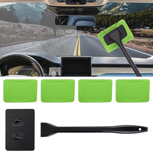 WINUERK Car Window Cleaner, Car Windshield Cleaner Tool, Windshield Cleaner Inside with Extendable Handle and 4PCS Washable Reusable Cloth Pad Head, Universal Auto Glass Wiper for Cars (Green)