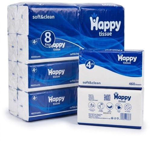 Happy 4-Ply Facial Tissues 8 Box Multipack, 460 Sheets Per Box (3,680 Total) Extra Thick Soft White Tissue Paper for Home, Office, School & Travel