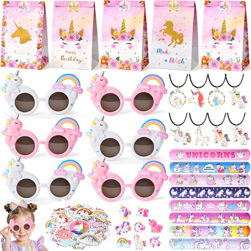 Toyssa Einhorn Mitgebsel Kindergeburtstag Gastgeschenke mit Einhorn Sonnenbrillen Halsketten Partytüten Ringe Schnapparmbänder Aufkleber Pinata Füllung Give Aways Kindergeburtstag Mädchen