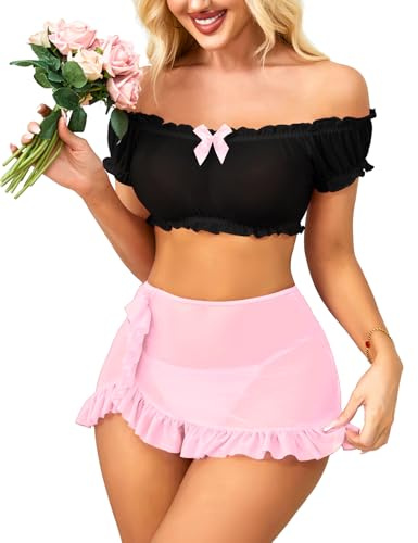 EVELIFE Underkläder kvinnor sexiga underkläder set babydoll underkläder spets off-axel crop top veckad minikjol romantisk kvinnor underkläder set, svart, XL
