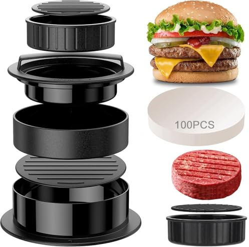 CANCYCC Burgerpresse, 4-in-1 Hamburgerpresse Set, Profi Burger Patty Presse mit 100 Blatt Antihaft Burgerpapier, Spülmaschinenfest, Burger Presse für leckere Hamburger, Patties