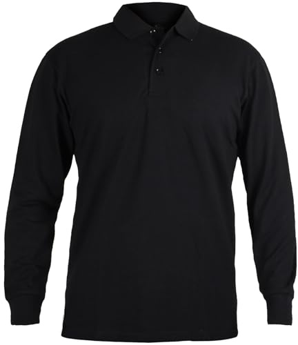 Men's Long Sleeve Polo Shirt Pique Cotton Blend, Regular Fit Collared | True Face plain casual golf & work top, breathable soft feel, smart-casual, black navy grey, machine washable