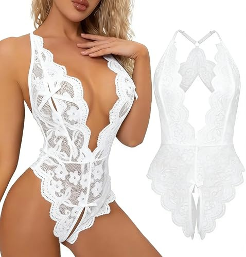 Sexy Lace Bodysuit for Women One Piece Naughty Lingerie Deep V-Neck Hollow Out Teddy Babydoll Transparent Backless Negligee Cutout Wasit Mesh Slim Bodycon Stretch Jumpsuit Leotard Sleepwear