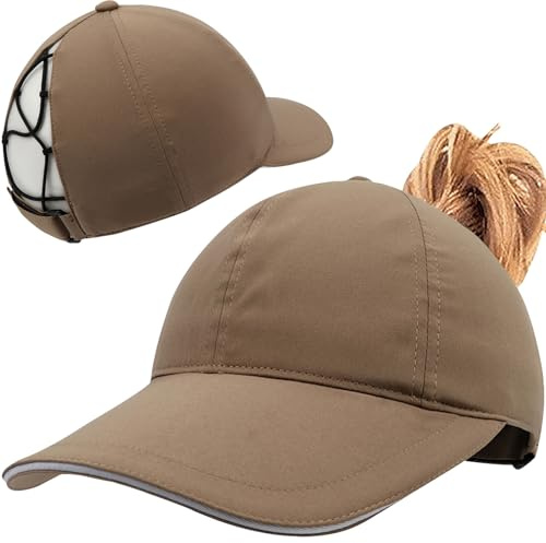 Enwokran Dammössa med hästsvans med rörig hög bulle, snabbtorkande hatt med hål för hästsvans UV-skydd sommarsolhatt, Mörk khaki, one size