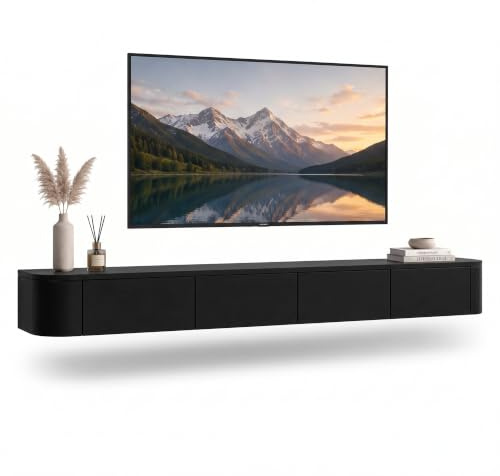 Kroscro Tv Schrank Hängend Multifunktionaler TV-Schrank aus Holz Tv Cabinet for Living Room Fernsehkommode mit Stauraum Geeignet für Wohnzimmer, Schlafzimmer (Schwarz, 140cm/55in)