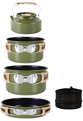 Camping Cookware Outdoor 4Pcs, Backpacking Cooking Set Pots, 1.1L Kettle, 3L Large Pot, 2L Small Pot, 1.5L Frying Pan, Storage Bag, Nesting Storage, Non-stick Pan, for Camping and Barbecue