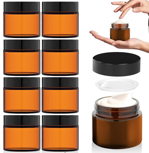 HOTUT Bärnsten glas, tomburk, 8 stycken 60 ml krämburkar för fyllning, brunt glas salvburk med lock och foder, påfyllningsbar krämburk för kosmetika, lotion, krämer