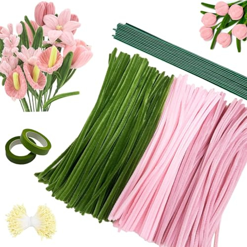 Mailfull Pfeifenreiniger Blumen Set 300 Stück Pfeifenputzer Zum Basteln 3 Farben Pipe Cleaner Flower Set mit Klebeband Staubblätter für DIY Geschenke und Dekorieren