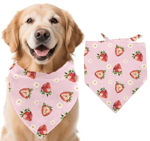 arricraft Hundehalstuch 1 Stück 78x38cm (30.7x15.35 Zoll) Rosa Erdbeerblumen Dreieck Verstellbar Bequem Haustier Lätzchen Waschbar Baumwollschal Halstuch Für Große Hunde