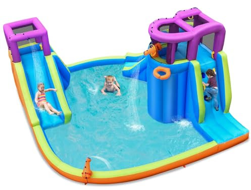 RELAX4LIFE Castello Gonfiabile per Bambini, 456x434x235cm, Parco Acquatico Gonfiabile con Arrampicata, Doppio Scivolo, Pistola ad Acqua, Canestro da Basket, Grande Piscina (Senza Soffiatore)