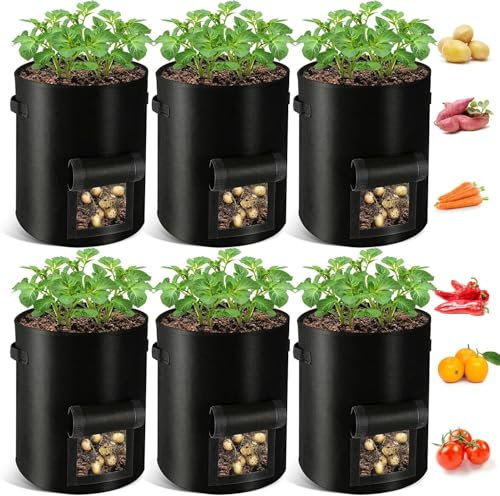 Primepixell Lot de 6 sacs de culture de pommes de terre en tissu non tissé épais avec rabat et poignée de fenêtre pour la culture de pommes de terre, tomates, carottes, légumes, fruits
