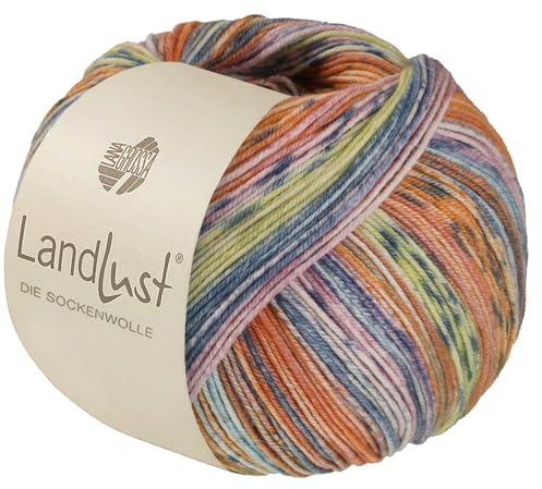 LandLust die Sockenwolle Seide 336 - Lachs/Orange/Grau/Mint/Rosa/Zitrusgelb/Graublau Gestreift