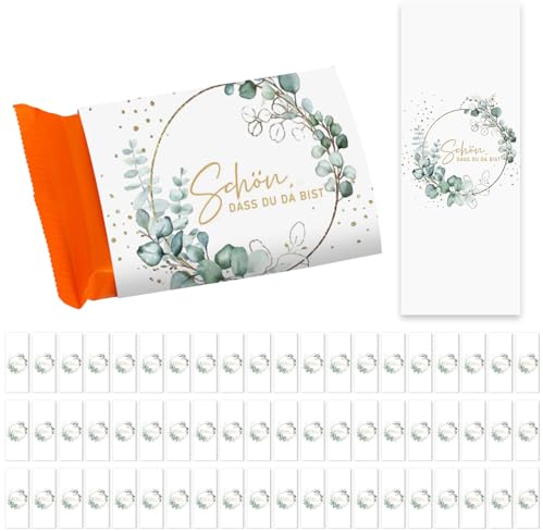 60 Schokoladenbanderole Eukalyptus, Schön dass du da bist Sticker Schokolade Aufkleber, Gastgeschenk zur Hochzeit Geburtstag Mini Schokoladen, Taufe Konfirmation Kommunion Sticker