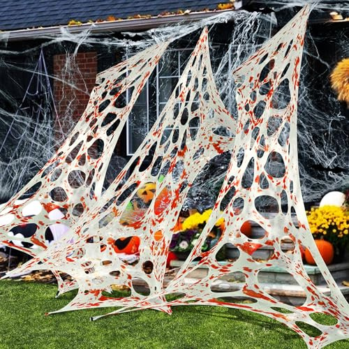 1360 Sqft Cuttable Halloween Spider Web Decoration-Blood Stretchable Spooky Gauze Cobwebs-Giant DIY Beef Netting Halloween Spider Webs with Fake Spiders Bats for Yard Garden Party Decor