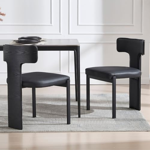 Ya-Home Modern Esszimmerstühle 2er Set Küchenstühle mit Geschwungene Holzrückenlehne, Polsterstuhl mit Metallbeine für Esszimmer/Wohnzimmer, Kunstleder, Schwarz