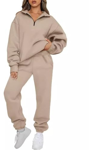JFAN Conjunto Chandal Mujer 2 Piezas Traje Top Manga Larga con Media Cremallera Conjunto Chandal Pantalones Deportivos Casuales Sudadera Café Claro XL