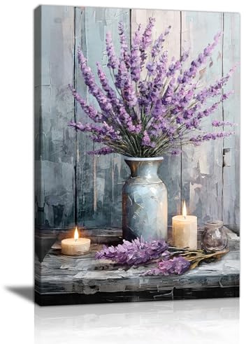 Lila Lavendel in der Vase Leinwand Bilder mit Rahmen Rustikal Landhausstil Kerze Wandbilder Motivierend Gemälde Bild Auf Leinwand Deko Wanddekoration für Badezimmer Schlafzimmer Wohnzimmer 30X40cm