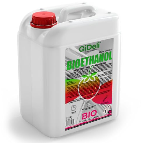 GiDeli Bioéthanol Parfum fraise des bois 96,6 % éthanol pour intérieur et extérieur Sans fumée ni suie 10 l À base de maïs et de betterave sucrière