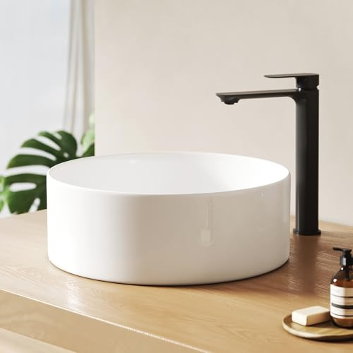 EMKE Waschbecken Rund 35, 2 x 35, 2 x 11, 2 cm – Keramik Aufsatzwaschbecken Großvolumen für Badezimmer & Gäste-WC, Ohne Hahnloch, Weiß