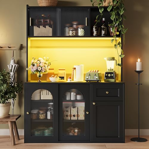 Armoire Haute avec éclairage LED vitrines avec étagères réglables Buffet pour Salon Salle à Manger Cuisine Chambre à Coucher Bureau armoires de Rangement latérale Noir
