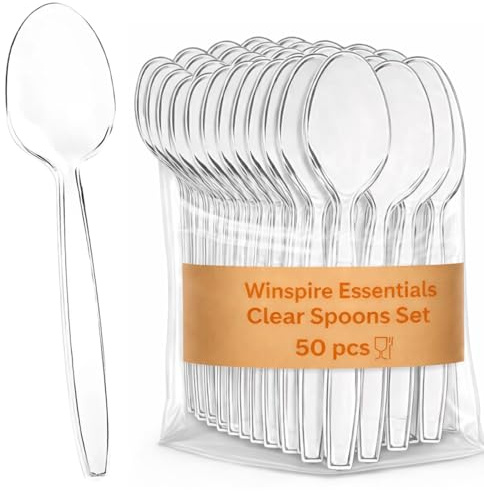 Clear Reusable Spoons, Heavy Duty Dinnerware, Pack of 50, Strong and Washable for Home & Travel