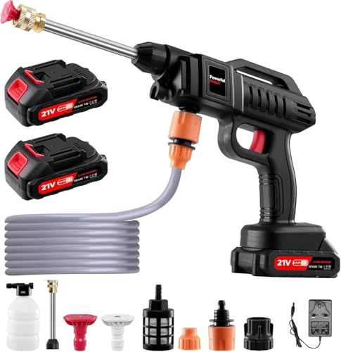 Idropulitrice a Batteria, 21V Idropulitrice Elettrica Portatile con 2 Batterie e Tubo da 5M, Lavatrice Senza Fili per Lavaggio Auto, Pavimenti e Giardino