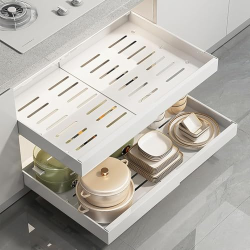 Telescopic Drawer, Pull-Out Cupboard Organiser, Carbon Steel Pull-Out Drawer Kitchen, No Drilling and Nailing Required, 48 * 42 * 7