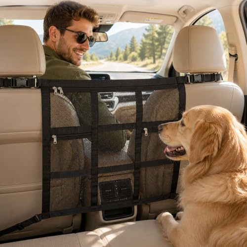 Higijapuf Rejilla para Perros en Coche, Red para Perros en Coche, Red separadora para Coche con Bolsillos