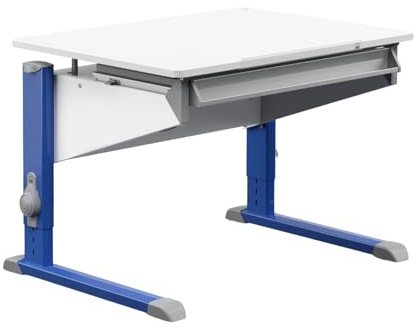 Moll Bandit Kinderschreibtisch höhenverstellbar | mitwachsend, ergonomisch & neigbar für aufrechtes Sitzen | ideal für Schulkinder | Schreibtisch weiß (Standard, Blau, 90cm x 70,5cm)
