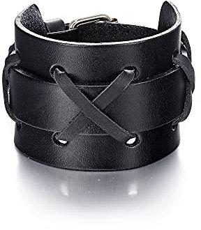 EVER FAITH Schwarz Lederarmband Punk Rock n Roll Unisex Breiter Handgelenkgürtel Wrap Geflochtene Seilarmband Lederarmbänder für Männer Damen