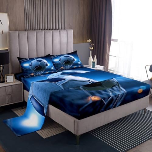 Feelyou 3D Soccer Bed Set Football and The Soccer Ball Decor Bed Sheets for Kids Boys Girls Youth Sports Theme Sheet Set Bright Blue Sheets Bedroom Collection 4Pcs Queen Size