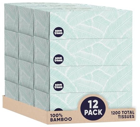Save Trees Bamboo Facial Tissues - 12 Boxes of Eco-Friendly, 3-Ply Hypoallergenic Tissues, 90 Sheets per Box, FSC Certified, Plastic-Free Packaging, Soft & Gentle for Home Use