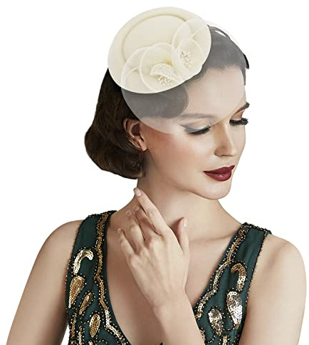 FakeFace Fascinator Hüte 20er 50er Jahre Hut Haar Clip Accessoire Haarreif Kopfbedeckung mit Schleier Cocktail Tea Party Hochzeit Kirche Haarschmuck Kopfschmuck für Mädchen und Frauen