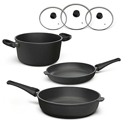 Hoffmann Aluguss Topf und Pfannenset mit Glasdeckel und abnehmbarem Stiel, 6-teilig I Für alle Herdarten auch Induktion I Made in Germany 100% verzugsfrei