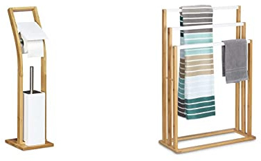Relaxdays Stand WC Garnitur Holz HBT 75 x 19 x 19 cm, Natur weiß & Bambus treppenförmiger Handtuchhalter mit 3 Handtuchstangen als Elegantes Badaccessoire, 24 x 54 x 82 cm, weiß